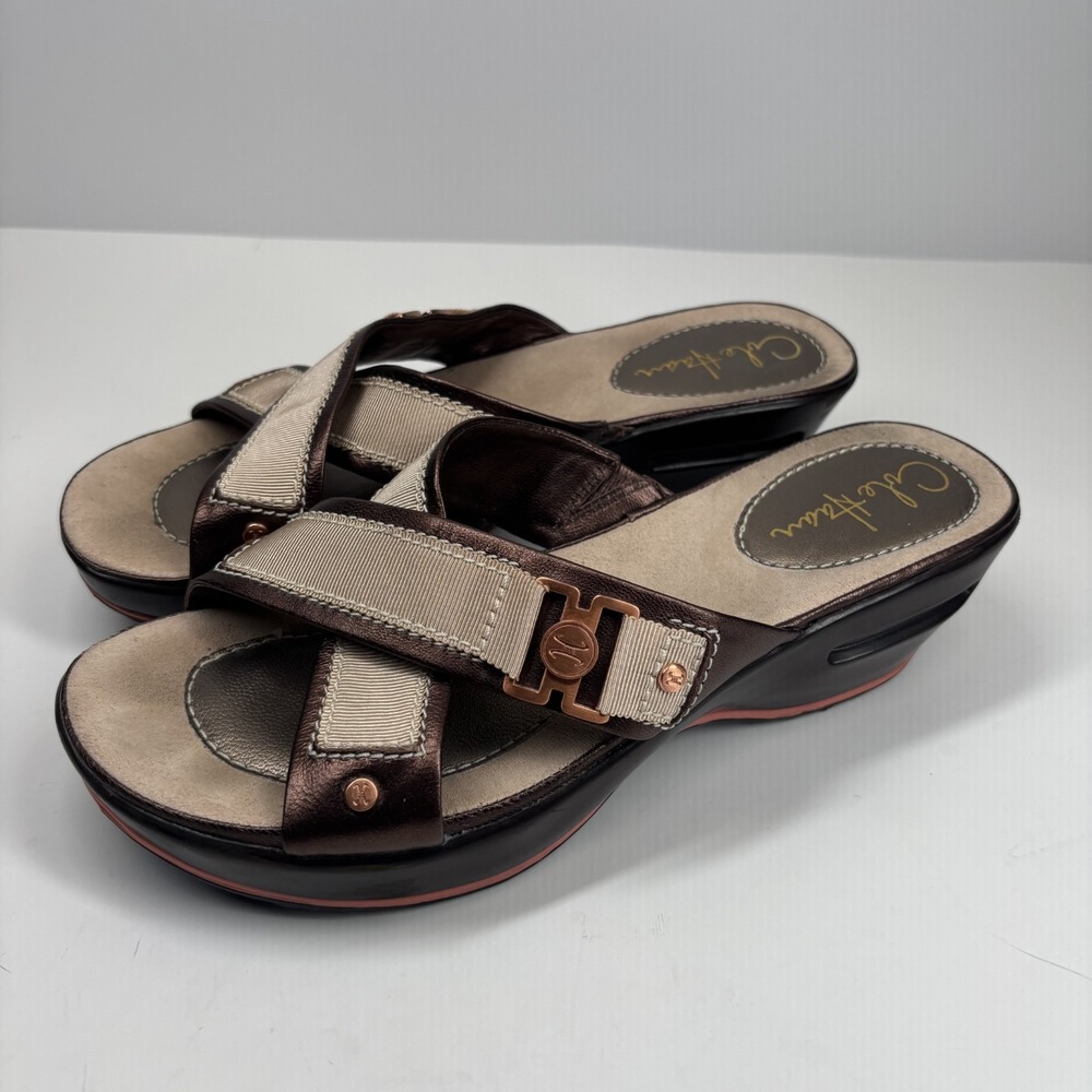 Cole Haan Elke Women's US 8B Brown Metallic Strap Wedge‎ Slide Sandals
